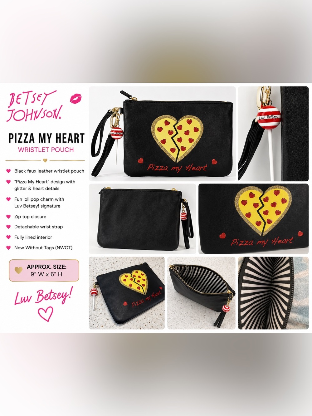Betsey Johnson “Pizza My Heart” Wristlet Pouch with Luv Betsey Lollipop Charm